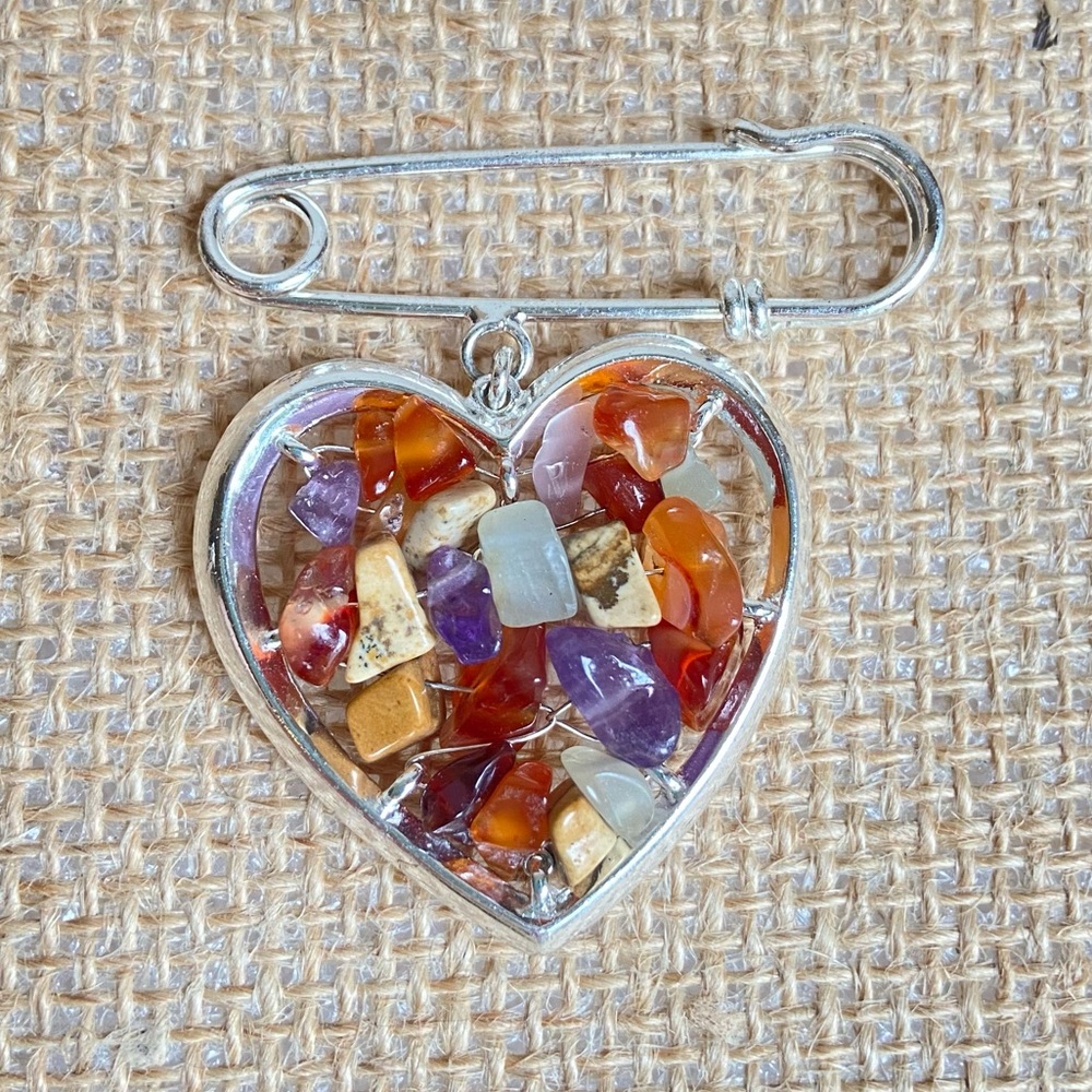 Silvertone heart brooch pin with wired gemstone chips on oversized safety pin